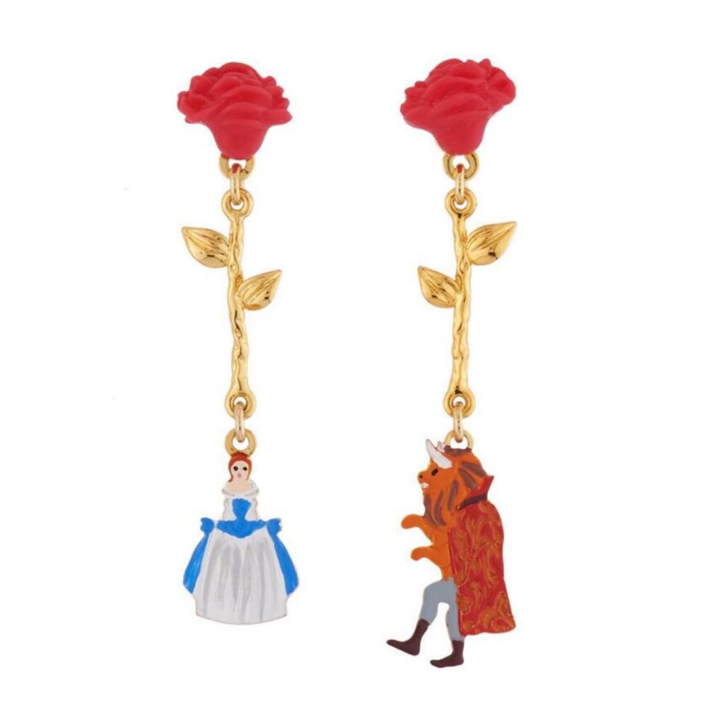 Les Nereides Beauty and the Beast Red Rose And Charm Stud Earrings
